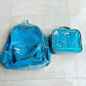 Justice Backpack and matching Lunchbox blue flip sequins